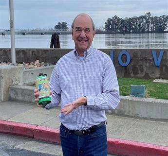 City of Rio Vista Mayor Ron Kott proudly showing off the reusable 1 lb. propane cylinder 